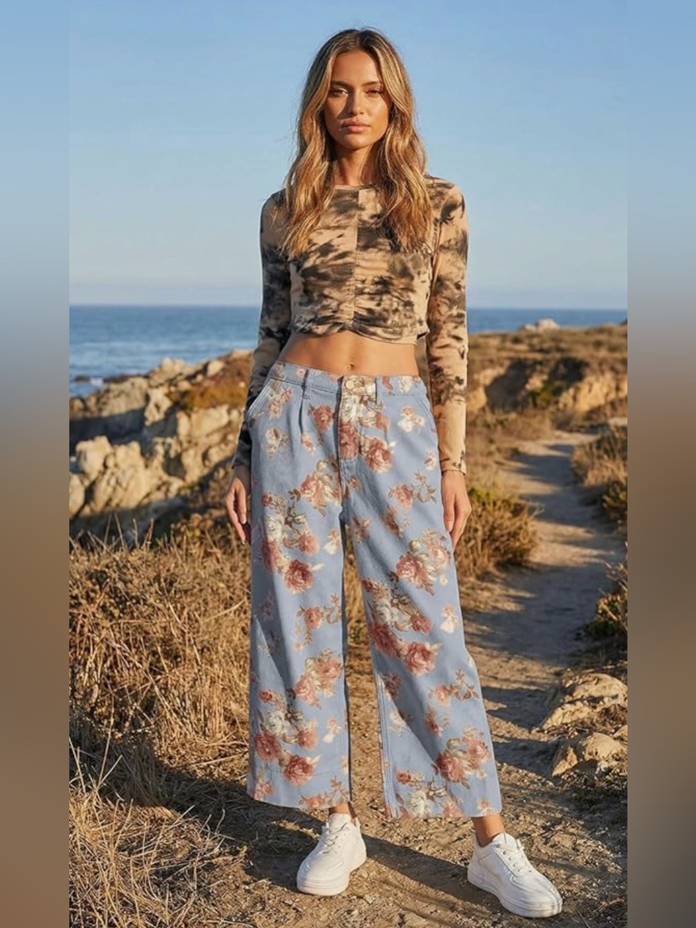 Loveimgs Blue Floral Mid-Rise Cropped Wide Leg Baggy Jean NWT in Various Sizes